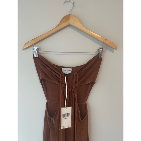 Runaway the Label Jodi Midi Slit Wrap Halter Tie Up Bodycon Dress Copper Brown - Picture 6 of 7